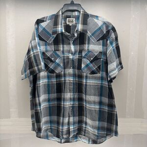 Ely Cattleman Western Shirt Mens XL Tall Blue Black Plaid Pearl Snap Cowboy